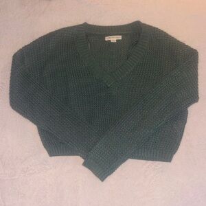 Aeropostale Cropped Green Waffle Knit V-Neck Sweater